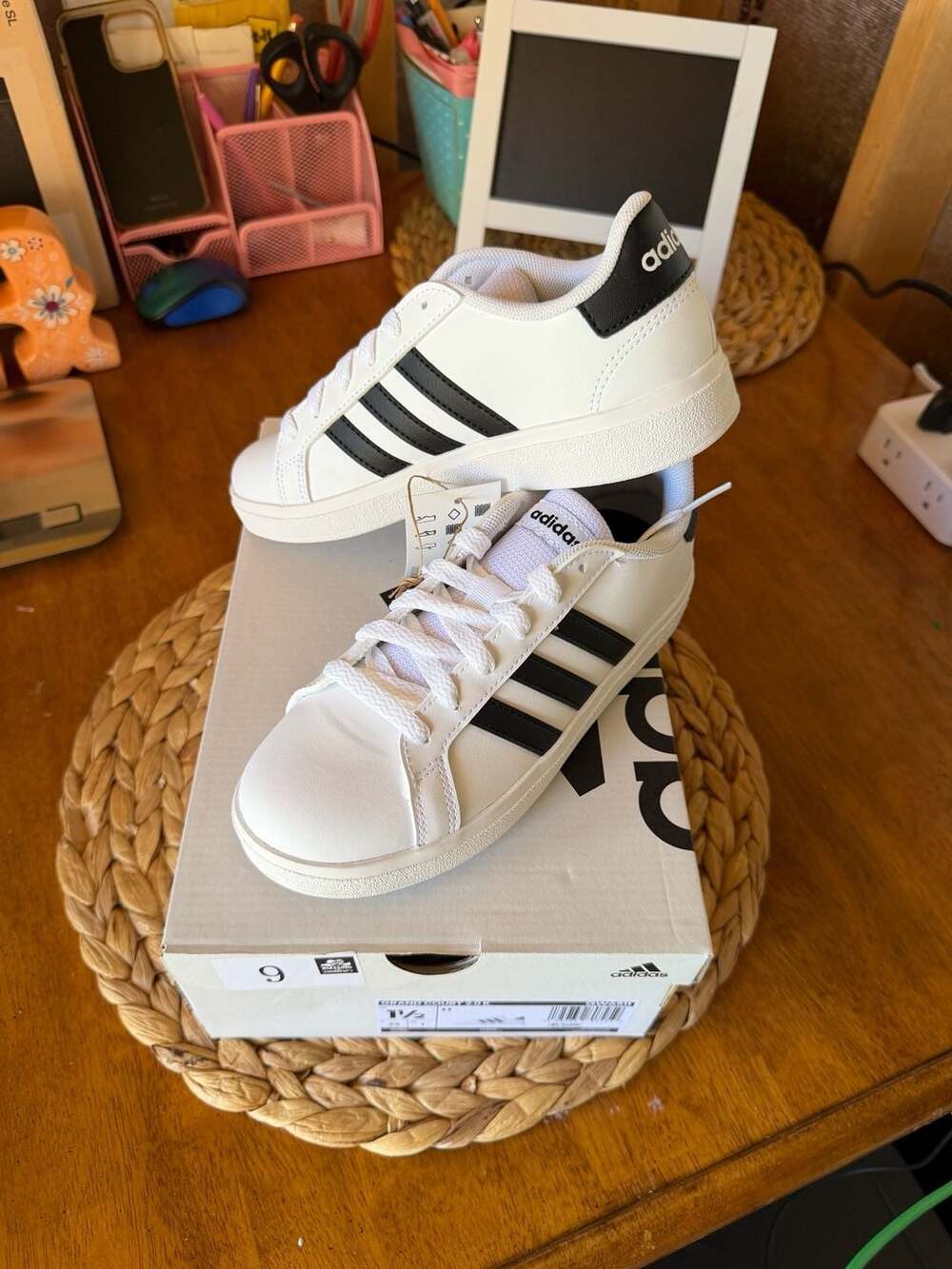 Adidas Grand Court 2.0 K Size 1.5 White Black Sneakers